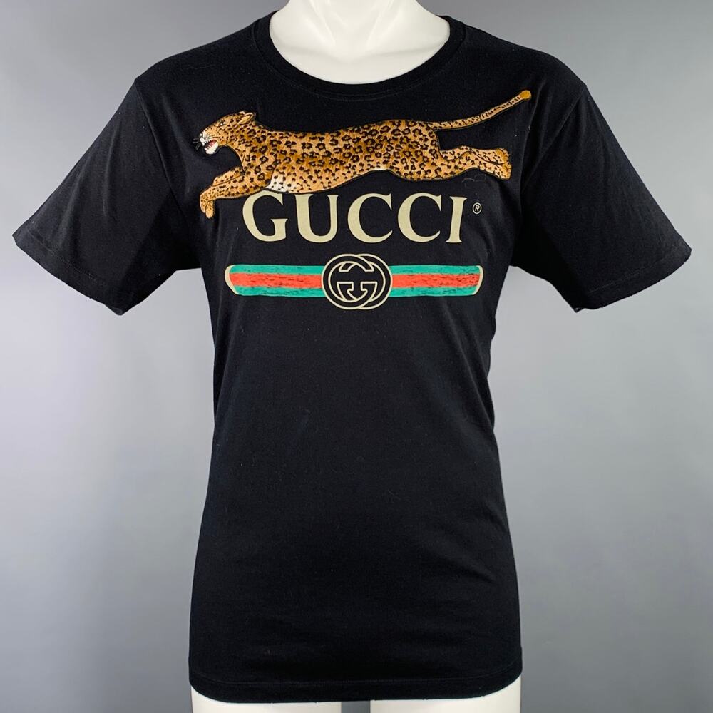 GUCCI Size S Black Multi Color Logo Short Sleeve T-shirt